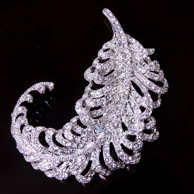Bridal dress scarf Corsage Czech Feather leave Rhinestone Brooch pin PI586