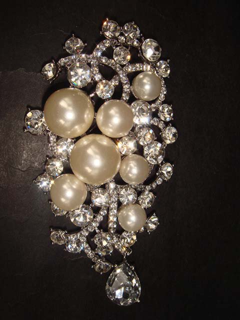 Huge Bridal Rhinestone Corsage Czech Crystal dangle Faux pearl Brooch pin PI360