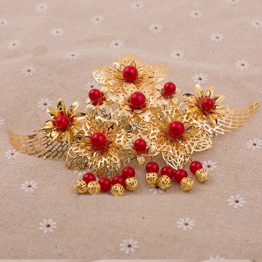Bridal Chinese traditional gold tone red bead rose dangle Flower Hair comb RB672