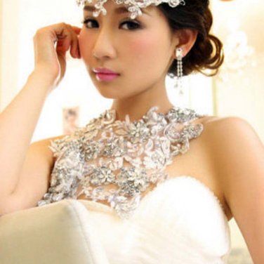 Bridal Crystal Rhinestone Lace Headpiece Shoulder Deco Bib Necklace Nr479