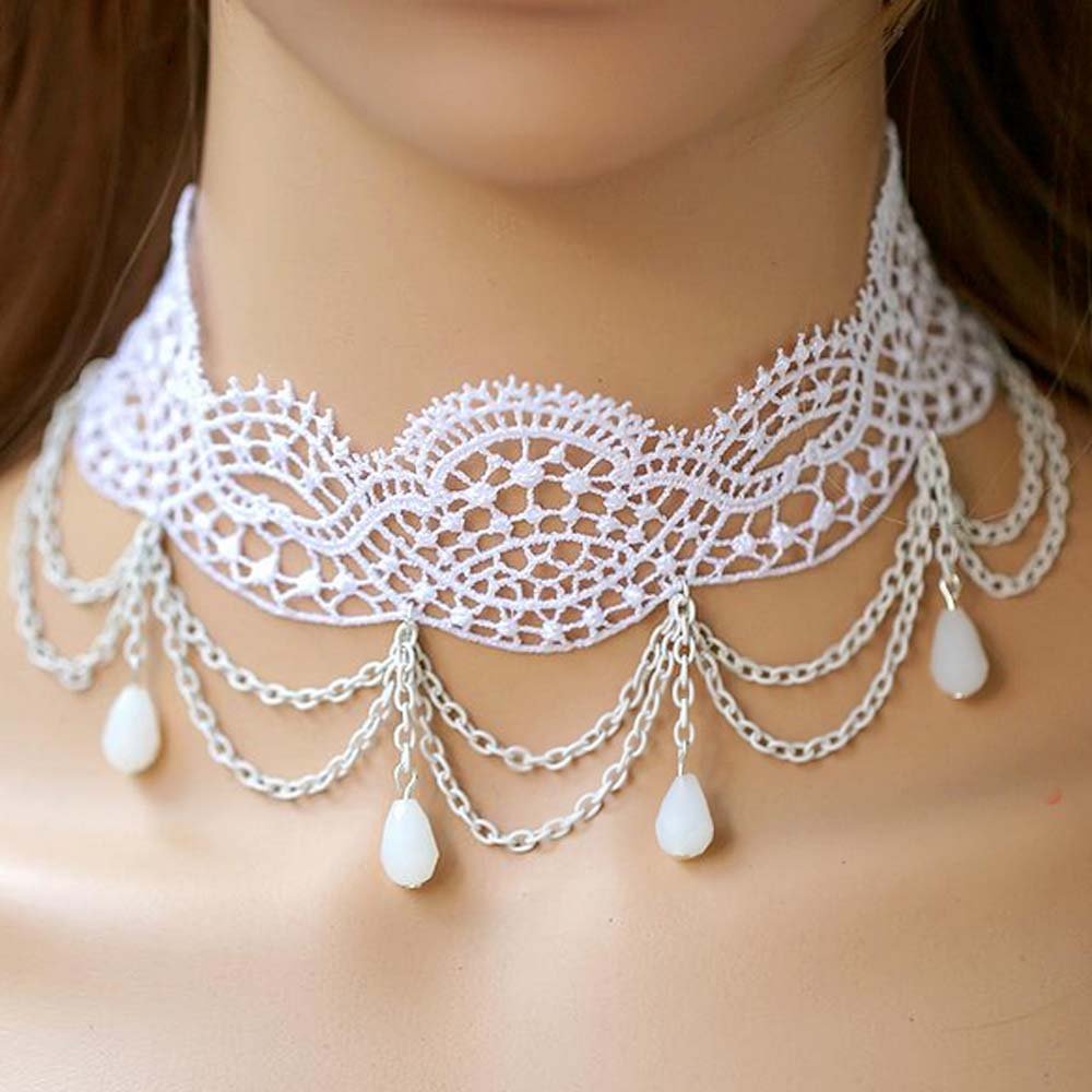 Bridal white Lolita Lace dangle Flower prom white necklace NR471