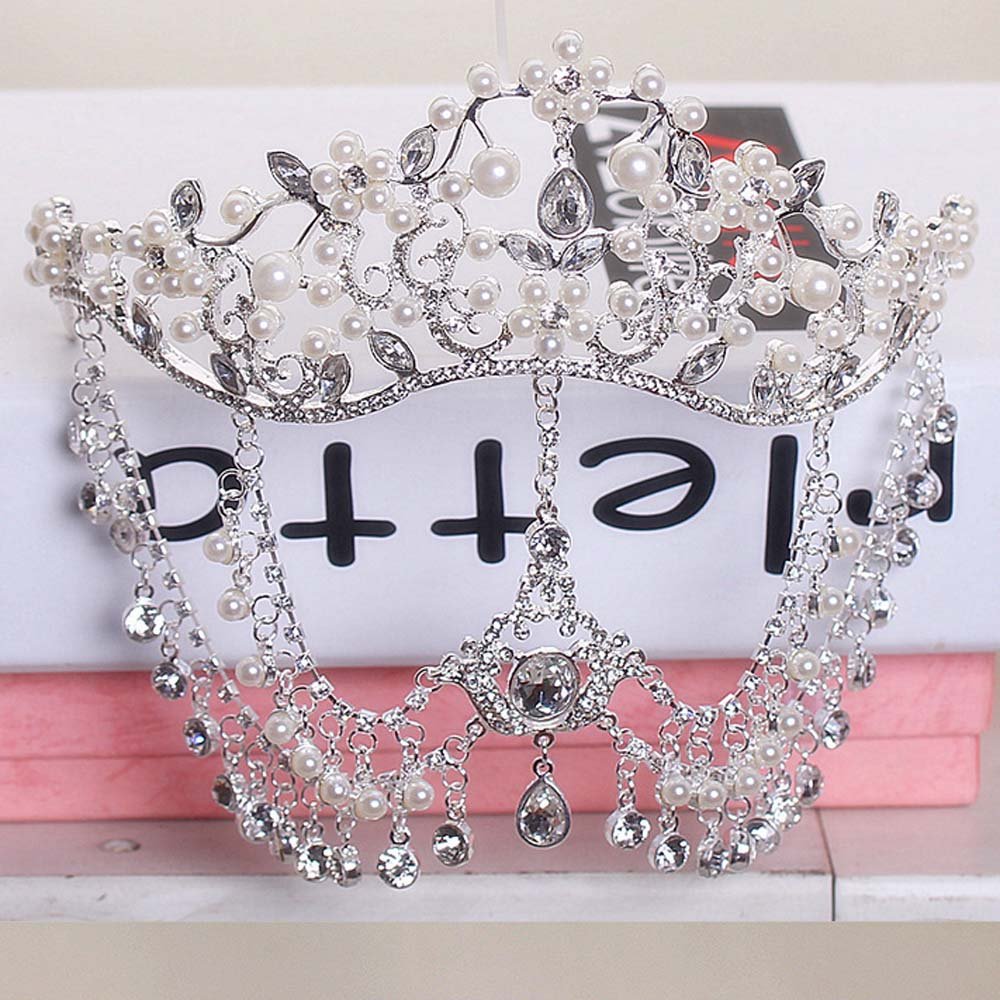 Bridal Faux pearl Rhinestone crystal dangle forehead Maang tikka tiara HR353