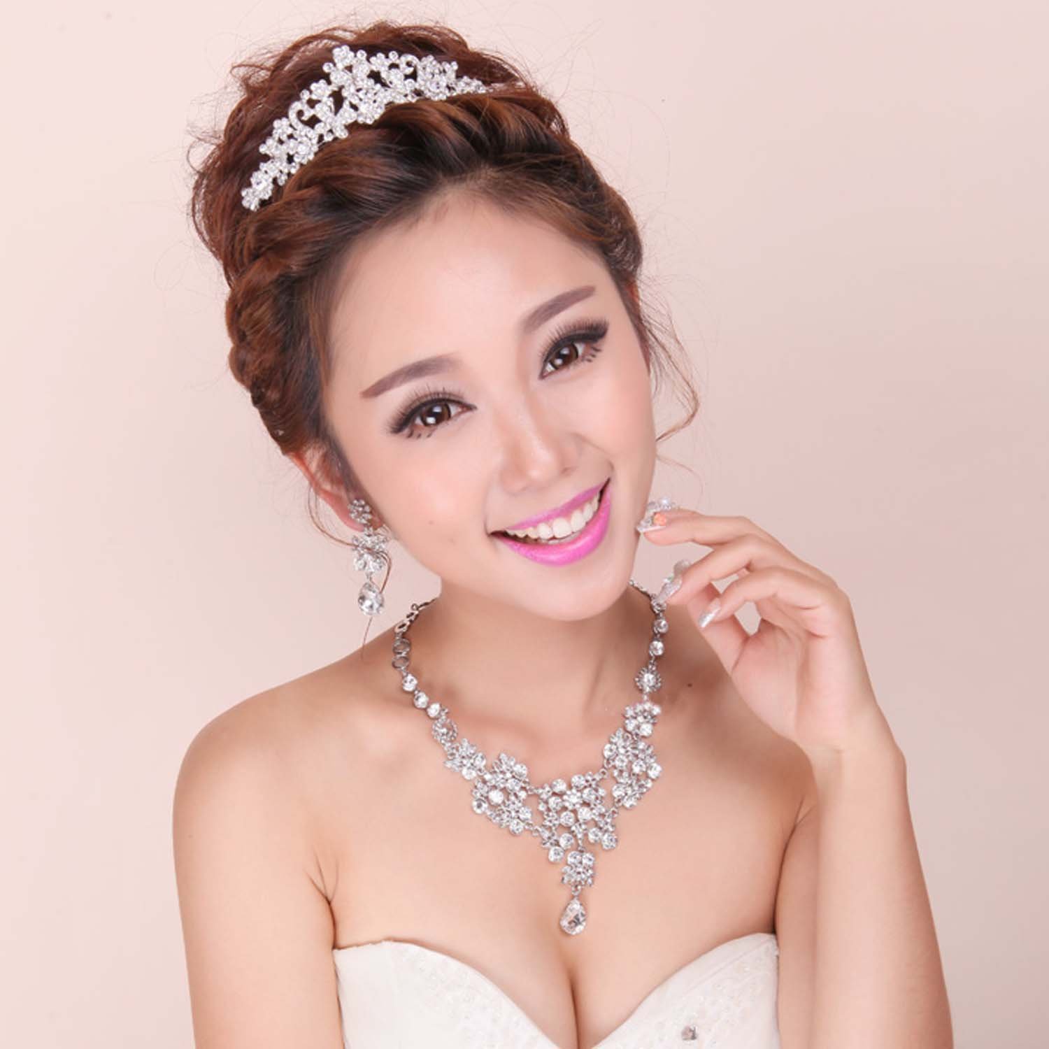 3 item Bridal Rhinestone clear crystal dangle earring necklace tiara set NR419