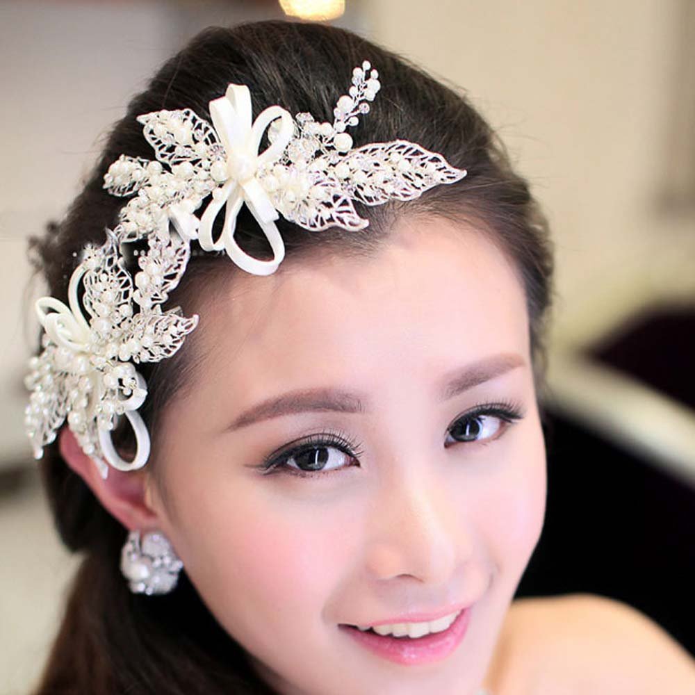 2 pcs Bridal faux pearl hair bow Prom dance rhinestone Headpiece clip HR355