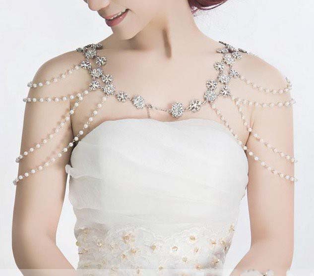 2 pcs Bridal faux pearl AB Rhinestone shoulder Bra Strap Halter necklace NR269