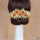 Bridal Chinese gold tone red flower Hair comb Phoenix Crown RB686