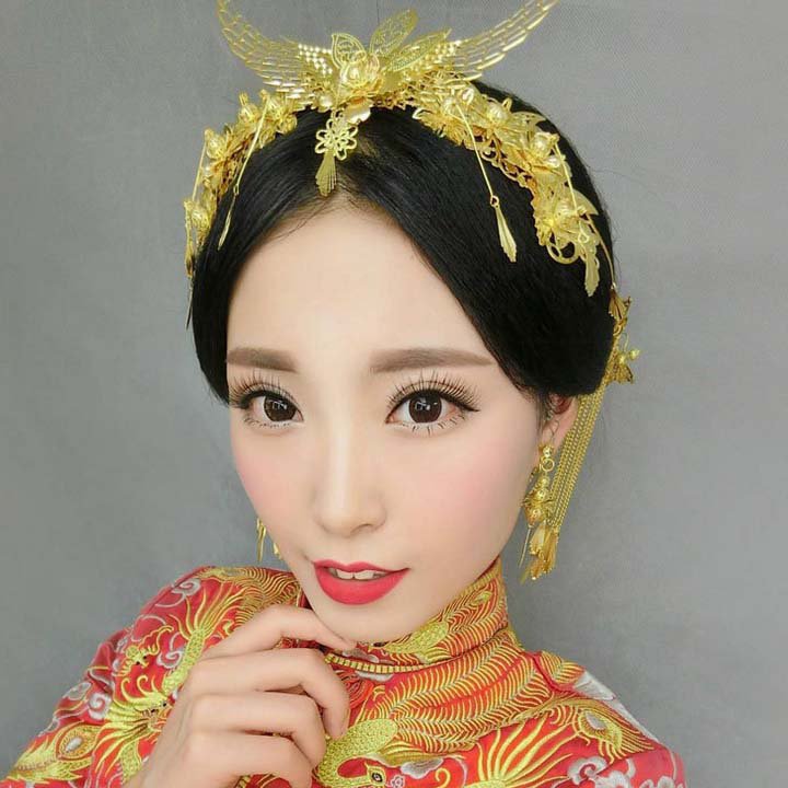 Bridal Chinese gold tone Phoenix Crown forehead band combs hairpin HR459
