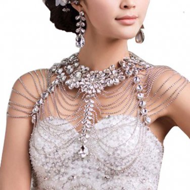 Bridal crystal Rhinestone shoulder deco Bra Strap Halter Epaulet necklace HR240