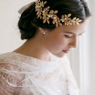 Bridal Rhinestone faux pearl gold tone leave forehead band hair Headpiece HR379
