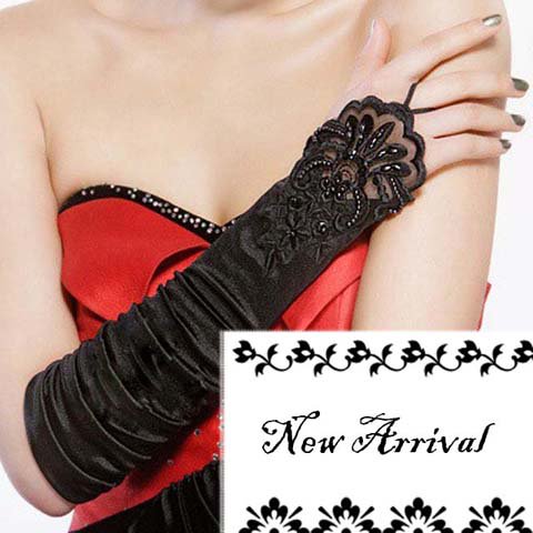 14" Bridal prom Black Lace Satin Fingerless Gloves S06