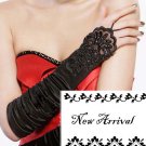 14" Bridal prom Black Lace Satin Fingerless Gloves S06