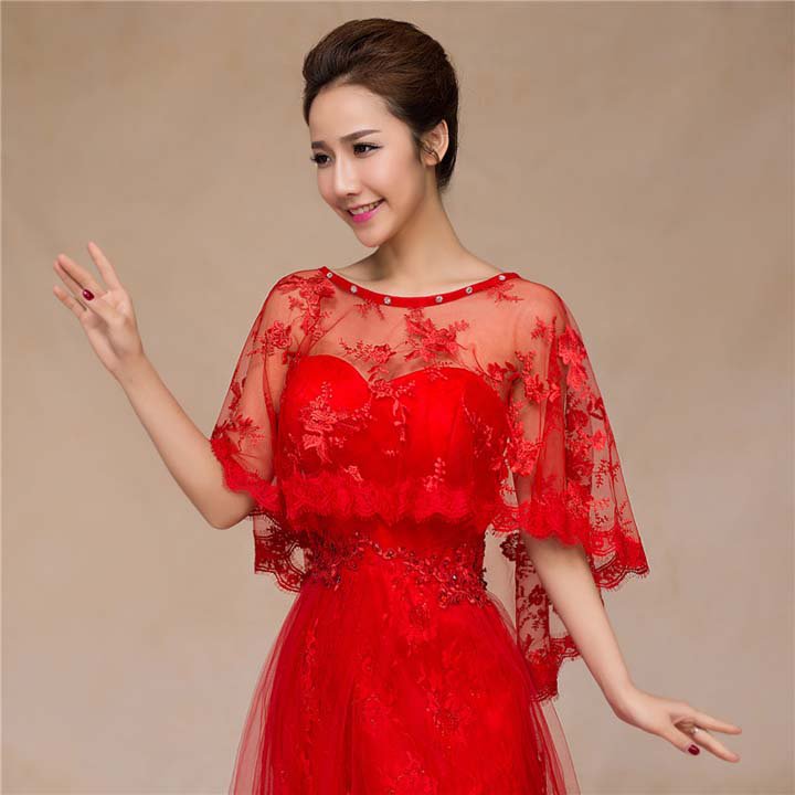 Bridal bow lace edge embroidery clasp Shrug Red Shawl Stole Wrap Cape SF157