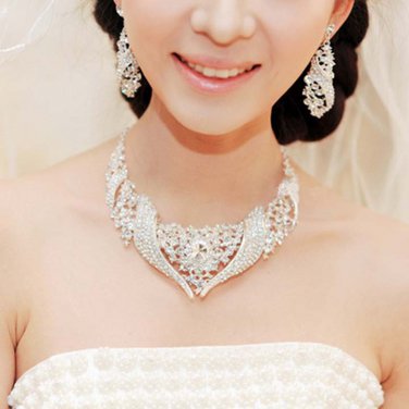 Bridal Rhinestone crystal Topknot silver tone earring necklace set NR404