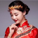 Bridal Chinese gold tone red dangle flower Hair comb Phoenix Crown HR440