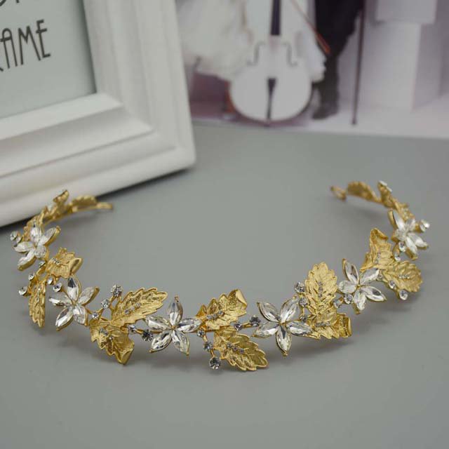 Bridal Rhinestone gold tone headpiece Adjust forehead band Tiara Vines HR383