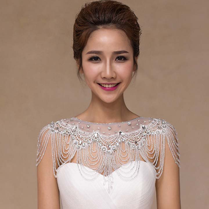 Bridal crystal collar Rhinestone shoulder deco bib Halter large necklace NR500