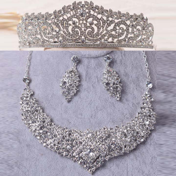 Bridal silver tone Rhinestone Crystal Hair tiara necklace earring set HR458A