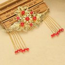 Bridal Chinese gold tone red dangle flower Hair comb Phoenix Crown earring RB697