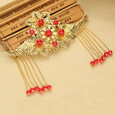 Bridal Chinese gold tone red dangle flower Hair comb Phoenix Crown earring RB697
