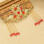 Bridal Chinese gold tone red dangle flower Hair comb Phoenix Crown earring RB697