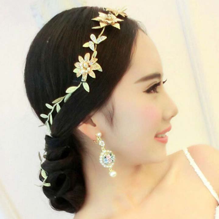 Bridal leave flower gold tone rhinestone party crown headpiece Hair tiara HR468