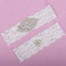 White Wedding Faux pearl Rhinestone applique lace bridal garter set HR412