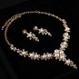 Bridal gold tone clear Rhinestone Faux pearl Crystal necklace earring set NR494