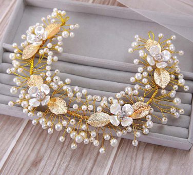 Bridal Faux pearl vine adjust leave Flower gold hair Boho chic headband HR398