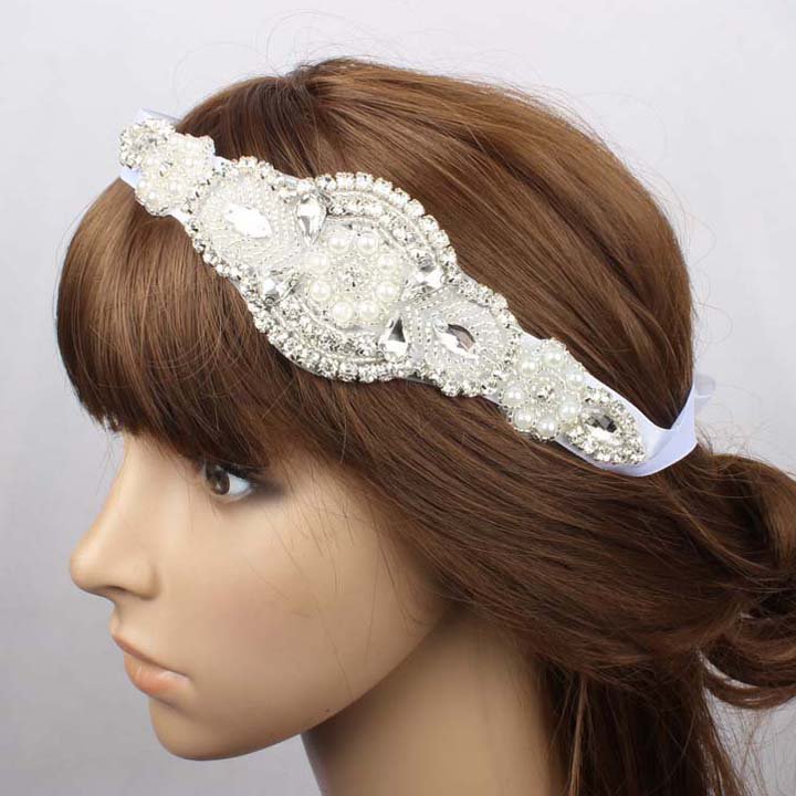 Bridal Clear Rhinestone flower girl prom white ribbon Head hair Headband HR451