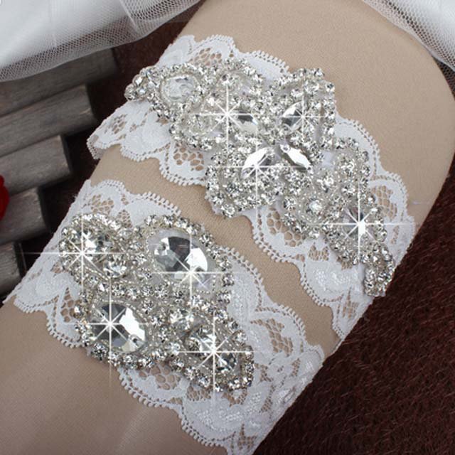 White Wedding Rhinestone applique lace bridal garter set HR411