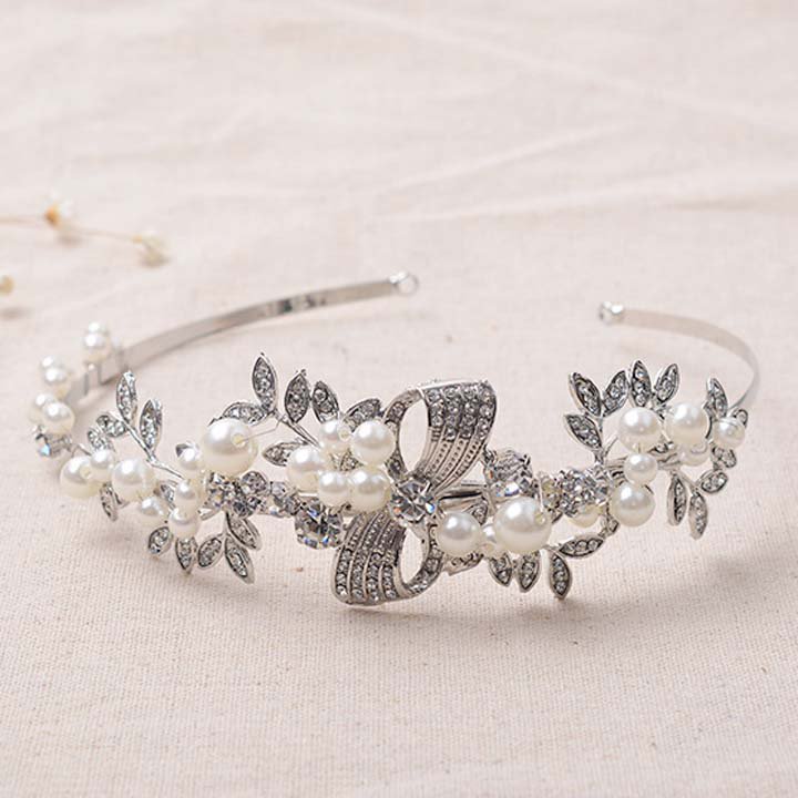 Bridal Bow Faux pearl silver tone rhinestone crown headpiece Hair tiara HR472