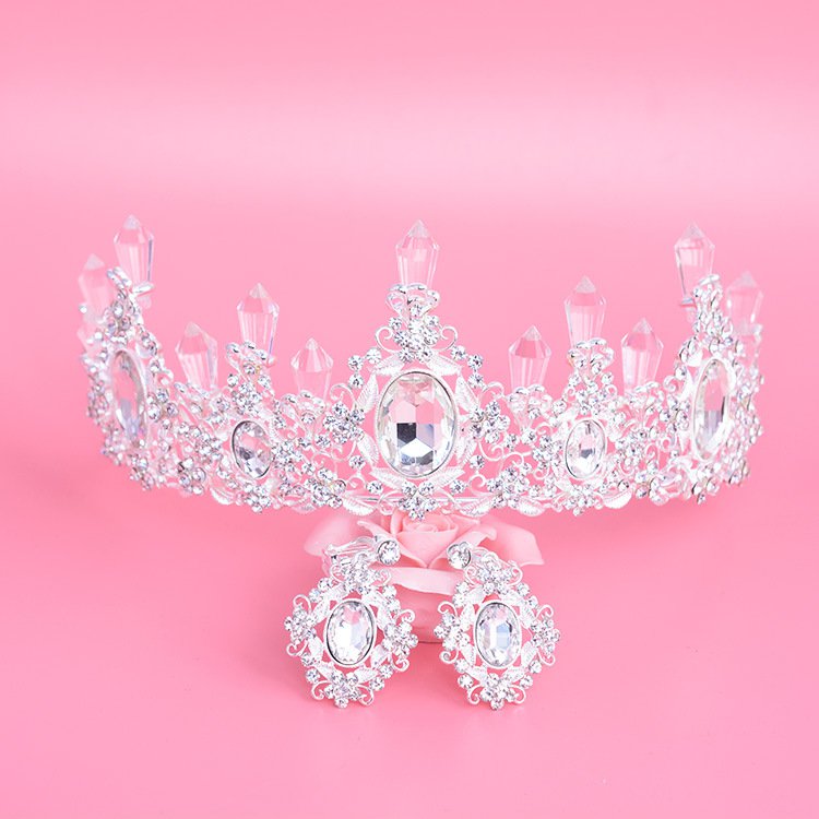 Bridal clear Rhinestone silver tone topknot crown earring Hair tiara set HR399