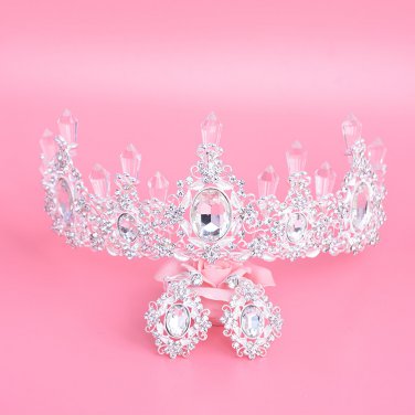 Bridal clear Rhinestone silver tone topknot crown earring Hair tiara set HR399