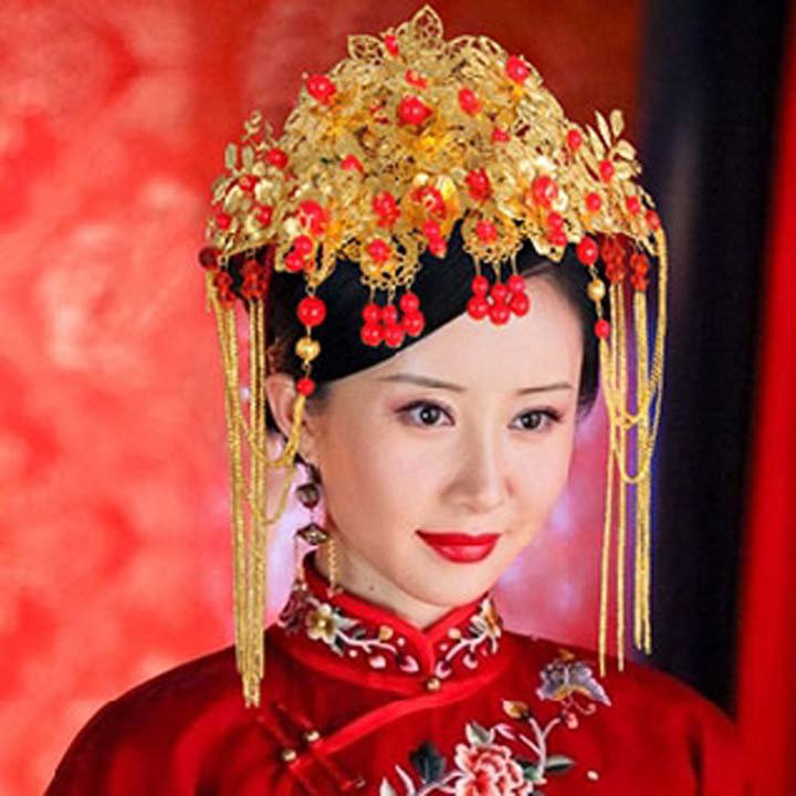 Bridal Chinese gold tone red bead dangle flower Hair comb Phoenix Crown RB695
