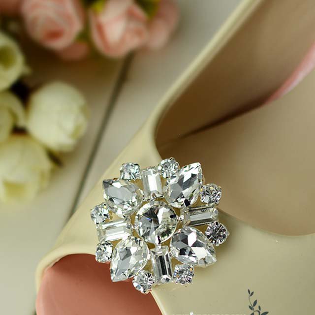 2 pcs a pair Bridal Prom Round Repair Clear Rhinestone Shoe Charm Clips SA11