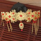 Bridal Chinese gold tone red bead dangle flower Hair comb Phoenix Crown RB679