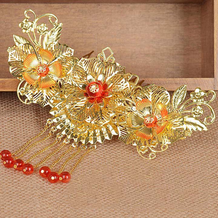 Bridal Chinese gold tone red traditional flower Hair comb Phoenix Crown RB687