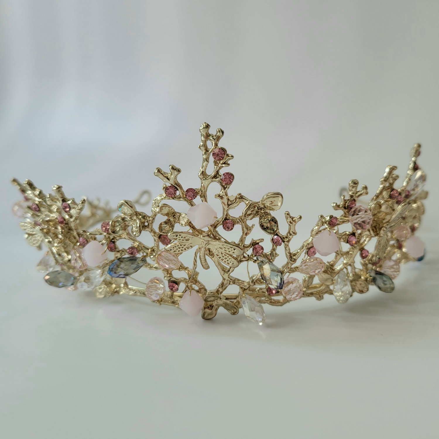 Bridal Wedding photo shoot pink dragonfly gold tiara crown