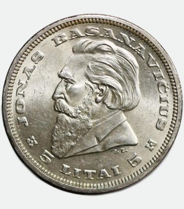 BU 1936 Lithuania 5 Litai Silver Coin - Jonas Basanavi&Auml;�ius