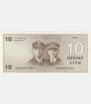 1991 Lithuania banknote 10 Litu Litai Error &acirc;��GIRENAS&acirc;�� &acirc;�� Series AA, UNC