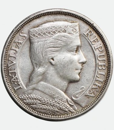 1929 Latvia silver coin 5 Lati Coin &acirc;�� Milda Portrait, VF