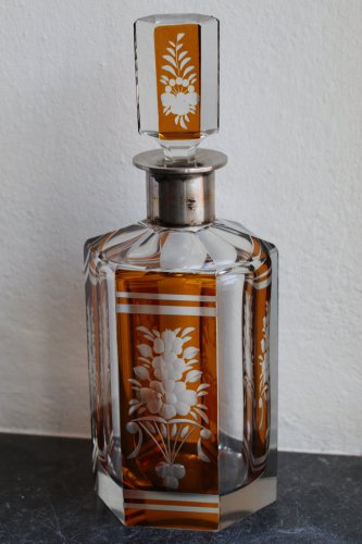 Art Deco Bohemian Orange Crystal Glass Decanter carafe with a silver neck