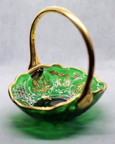 Antique Italian Emerald Green Glass Basket with Gilded Ornaments