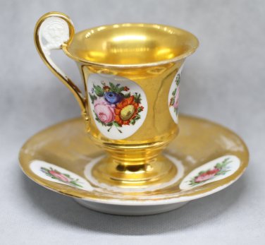 Antique France Paris Porcelain Bone China Cup and Saucer Gilded Lion Handle XIXc