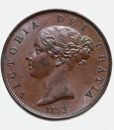 UK Great Britain coin Overdate 1853 (3 over 2) Half Penny &acirc;�� Victoria, XF-AU