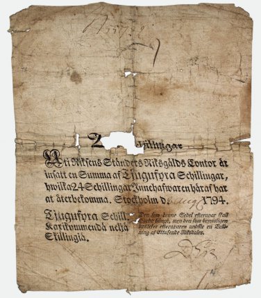 1794 SWEDEN 12 Schillingar Banknote, Bill, Paper money