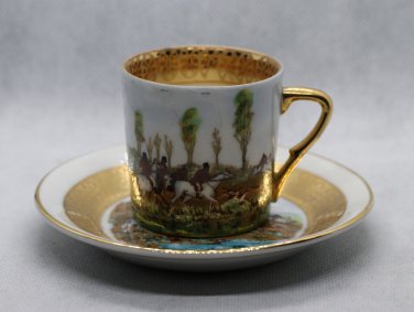 Vintage C.P. Limoges Porcelain China Cup and Saucer Hand Painted Hunting Scene