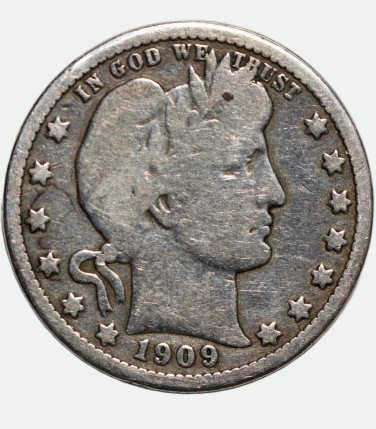 US 1909 Barber Quarter Dollar Silver 25 Cent Coin Philadelphia United States