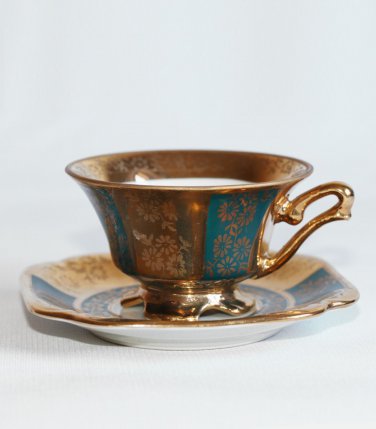 Vintage Luiz XV Pocelain Gold Green Bone China Cup with Saucer