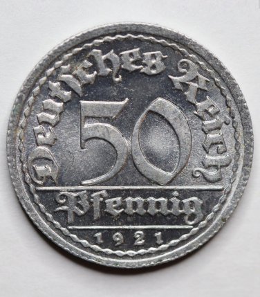 Germany &acirc;�� Weimar Republic 50 Pfennig coin, 1921 J KM#27